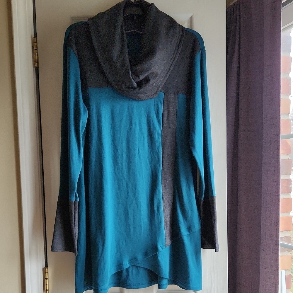 Blue and Gray Cowl Neck Sweater with Relaxed Fit